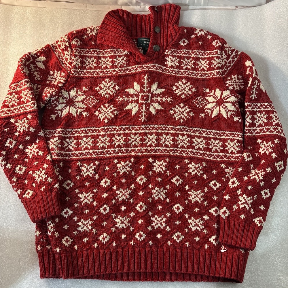 Vintage Ralph Lauren Sweater Exclusive Hand Knit Red White‎ Snowflake Sz Medium